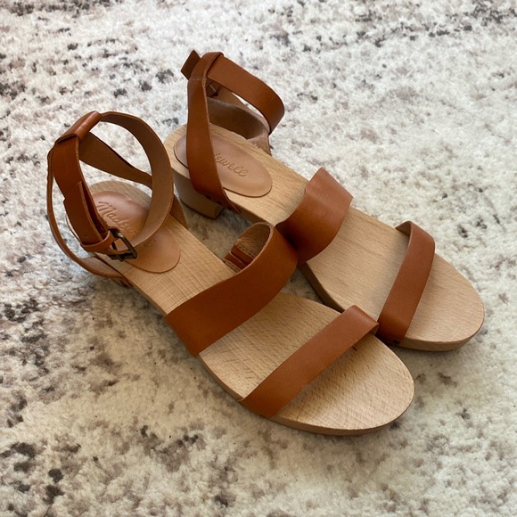 Madewell wooden and leather brown sandal heels size New